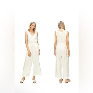 Double Zero Boho White V-Neck Wide Leg Sleeveless Effortless Style Jumpsuit.